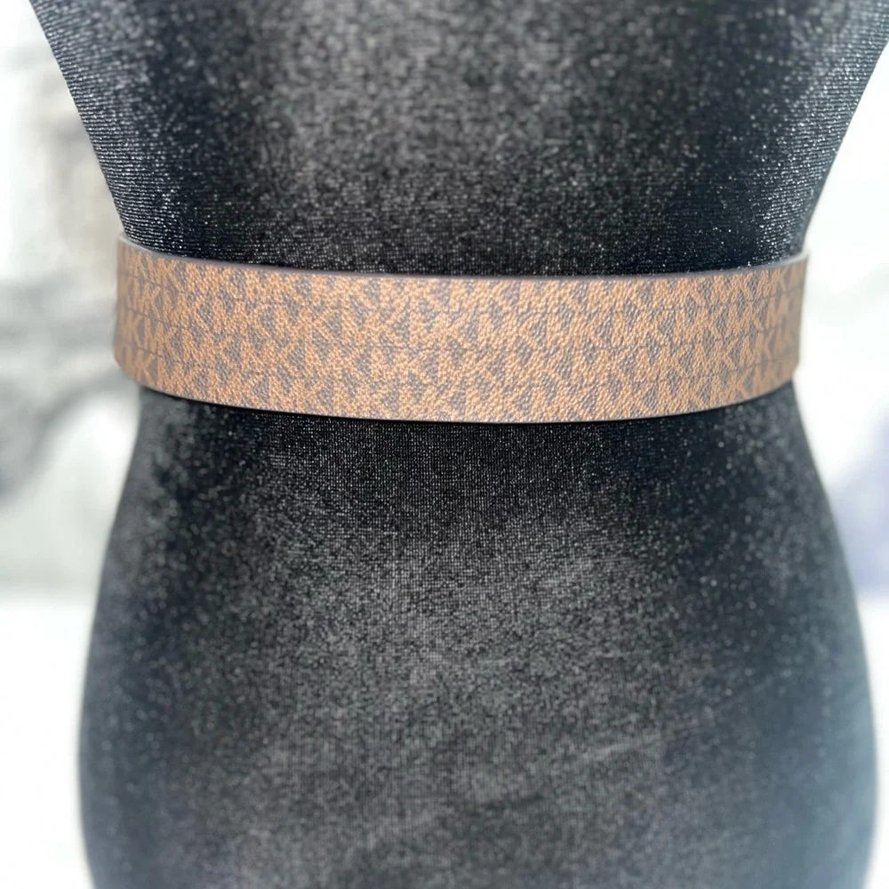 Michael Kors Brown Logo Print Fashion Belt with GoldTone Buckle size M